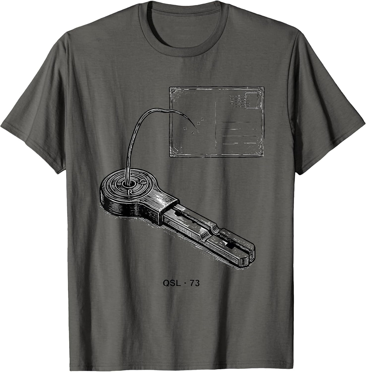QSL · 73 Line Art Ham Radio Operator Hobbyist Gift T-Shirt - Asphalt Grey