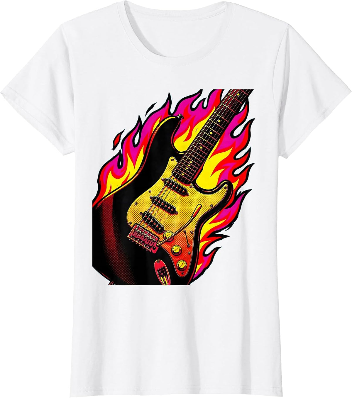 Flaming Electric Guitar Rock and Roll Graphic T-Shirt - White