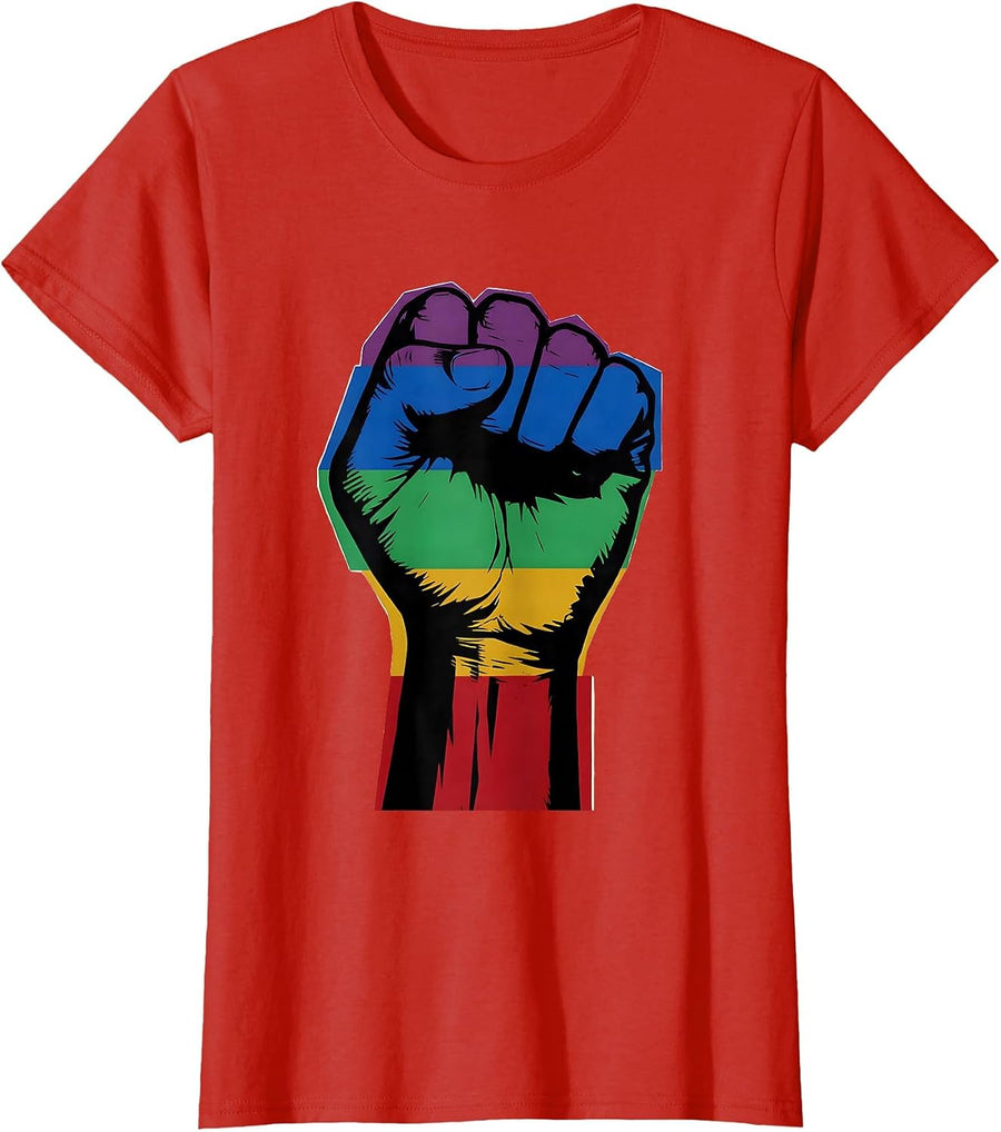 Rainbow Raised Fist Pride and Unity Graphic T-Shirt, Women, Red, Small - As Pictured