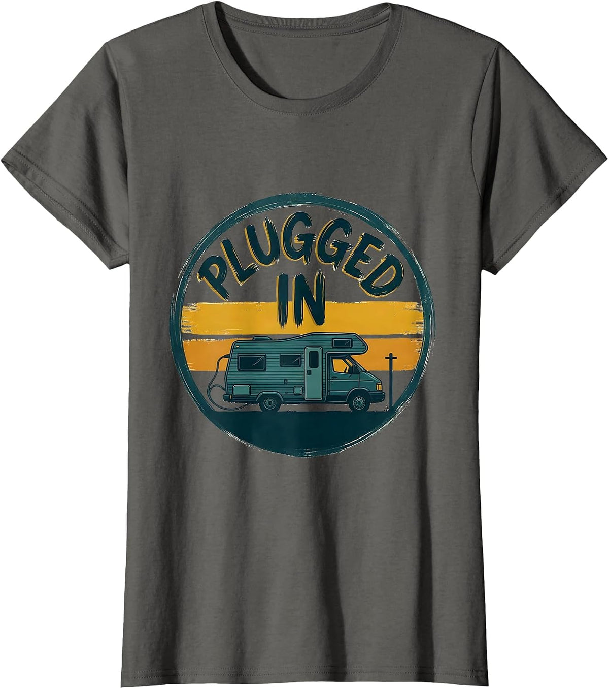 Women's Plugged In Retro Van Life Nomads Camper Badge T-Shirt - Asphalt Grey