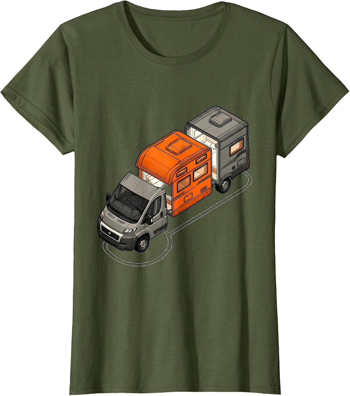 Women's Exploded Camper Van Retro Van Life Nomads T-Shirt - Olive Green