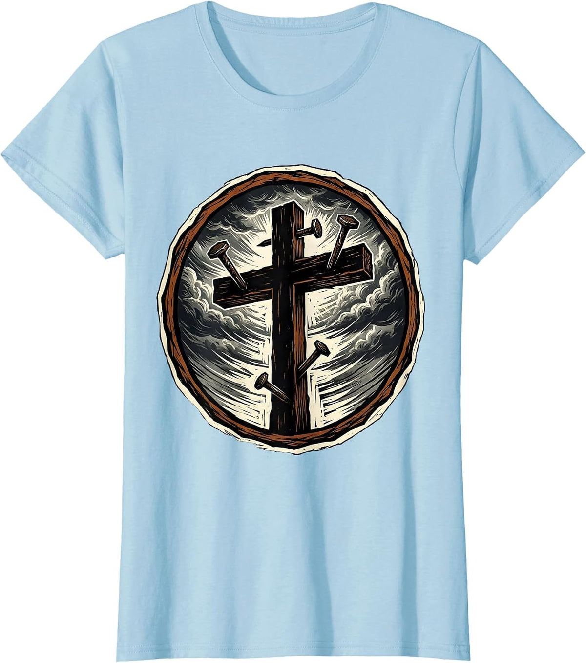 Women's Three Nails Cross Stormy Sky Graphic Design T-Shirt - Baby Blue