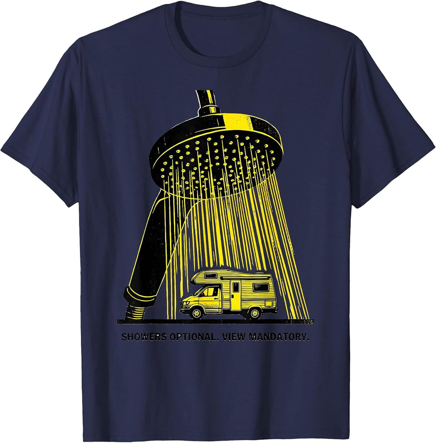 Showers Optional View Mandatory Retro Van Life Nomad Travel T-Shirt - Navy Blue