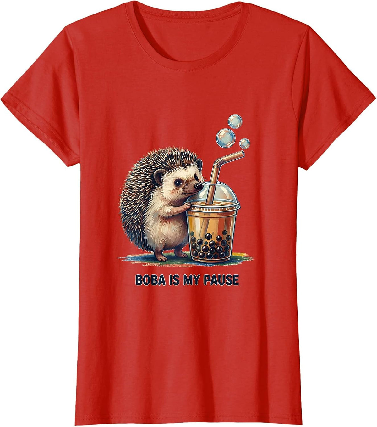 Women's Boba Is My Pause Cute Kawaii Hedgehog Anime Boba Tea Lover T-Shirt - Red