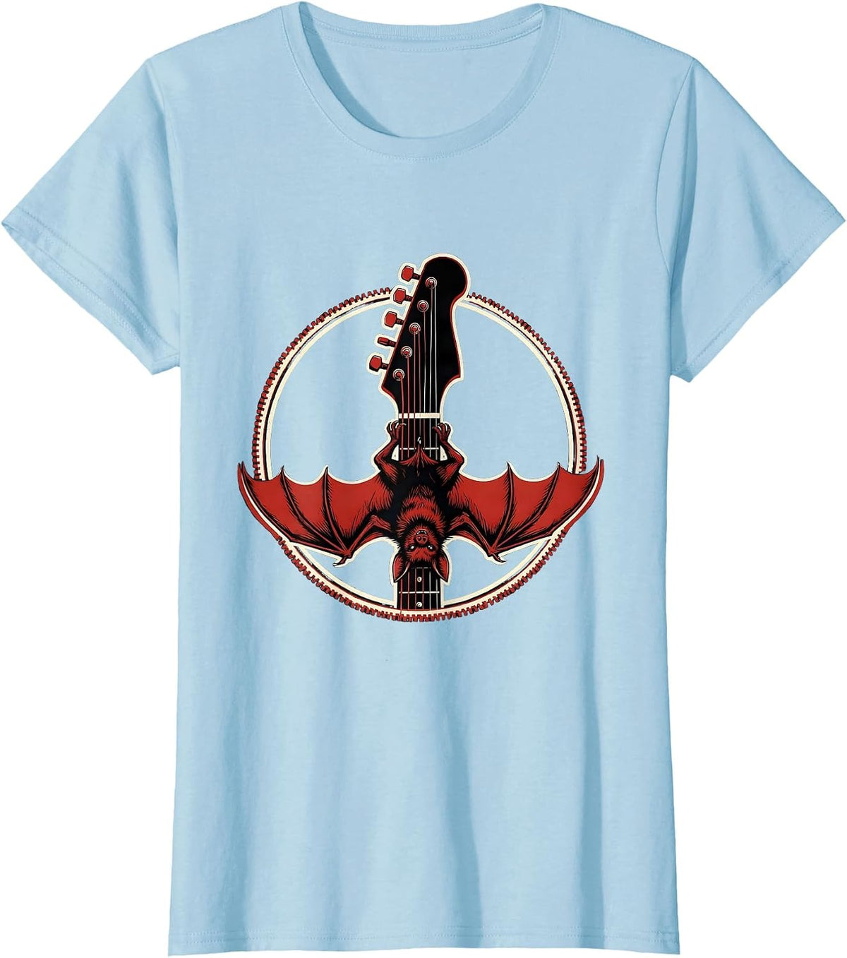 Bat on Guitar Headstock Rock and Roll Design T-Shirt - Baby Blue