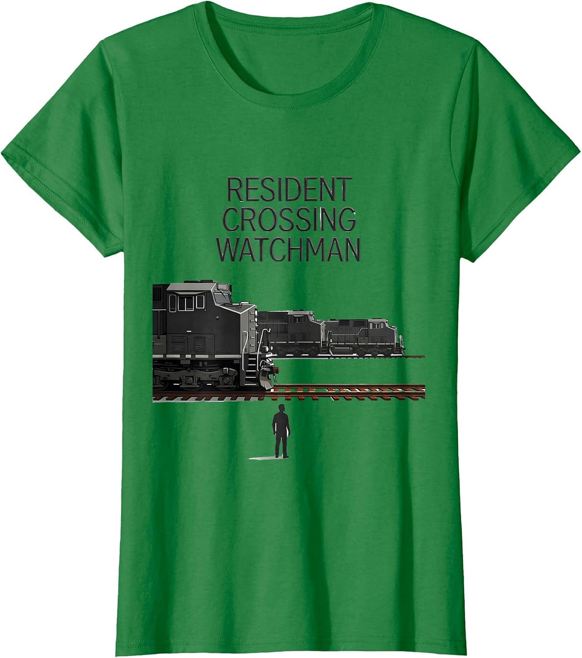Women's Resident Crossing Watchman Minimalist Train Enthusiast Humor T-Shirt - Kelly Green
