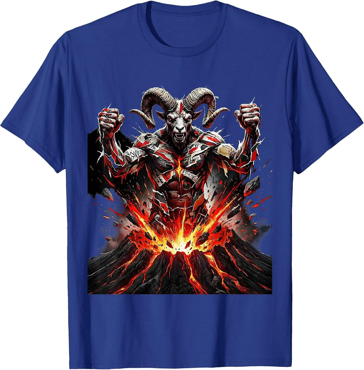 Giant Horned Volcano Demon Metal Graphic T-Shirt - Royal Blue