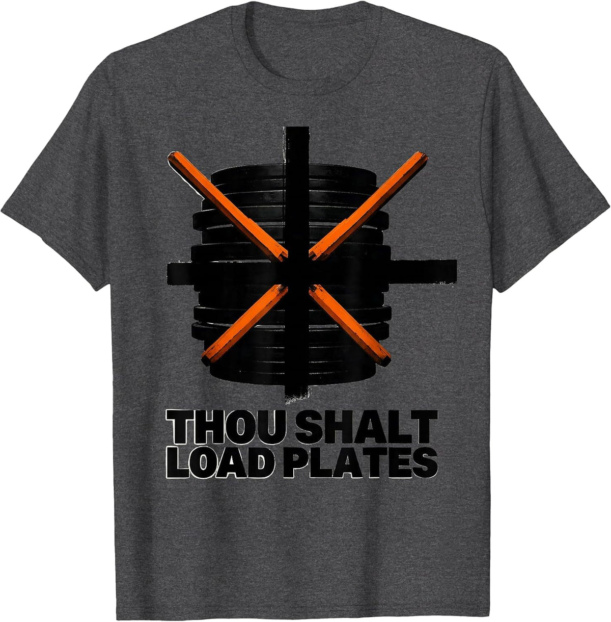 Men's Thou Shalt Load Plates Brutalist Christian Gym Weightlifter T-Shirt - Dark Heather Grey