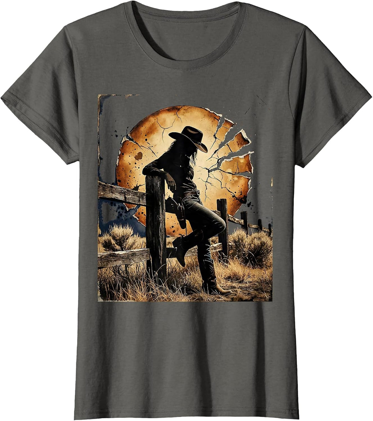 Women's Cowgirl Leaning on Fence Sunset Rodeo Design T-Shirt - Asphalt Grey