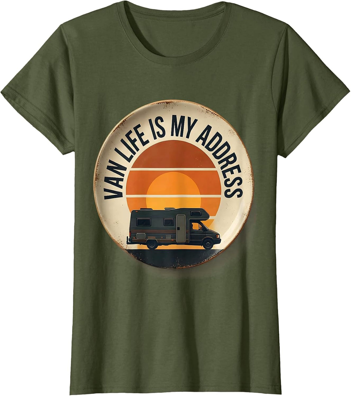 Women's Van Life Is My Address Retro Van Dweller Nomad Travel Pride T-Shirt - Olive Green