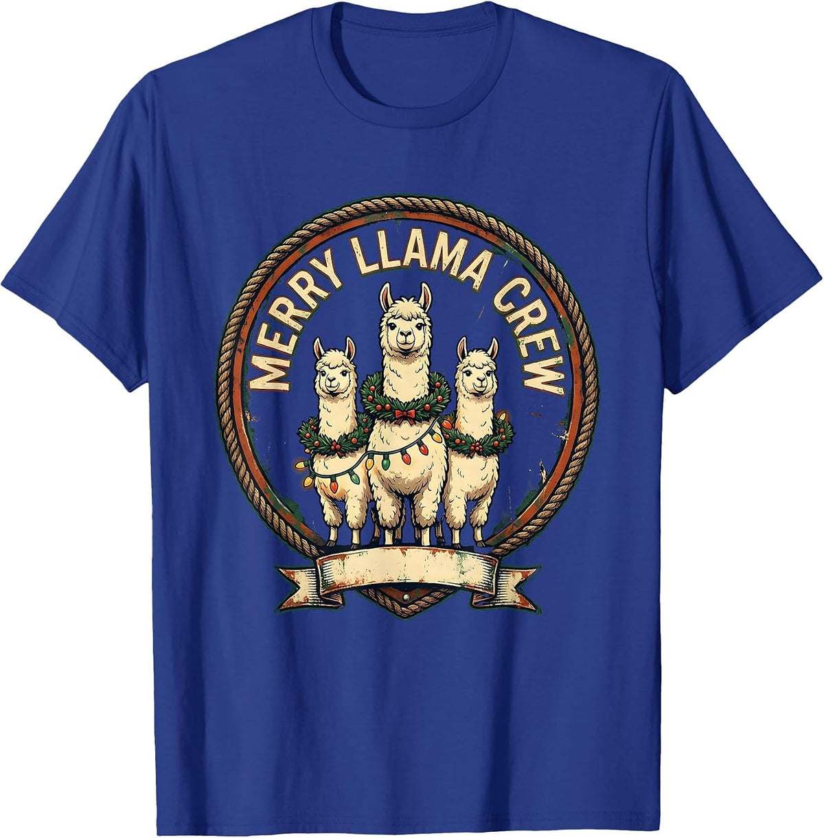 Men's Merry Llama Crew Vintage Funny Llama Lover Christmas T-Shirt - Royal Blue
