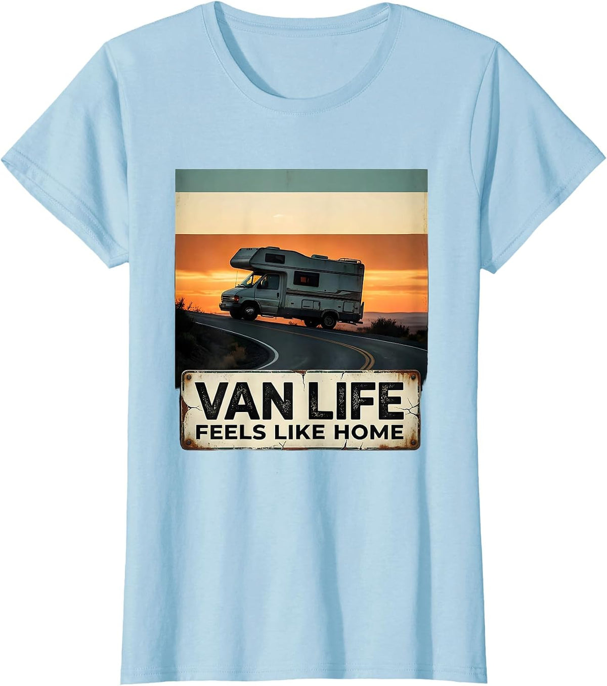 Women's Van Life Feels Like Home Distressed Van Dwellers Nomad Pride T-Shirt - Baby Blue