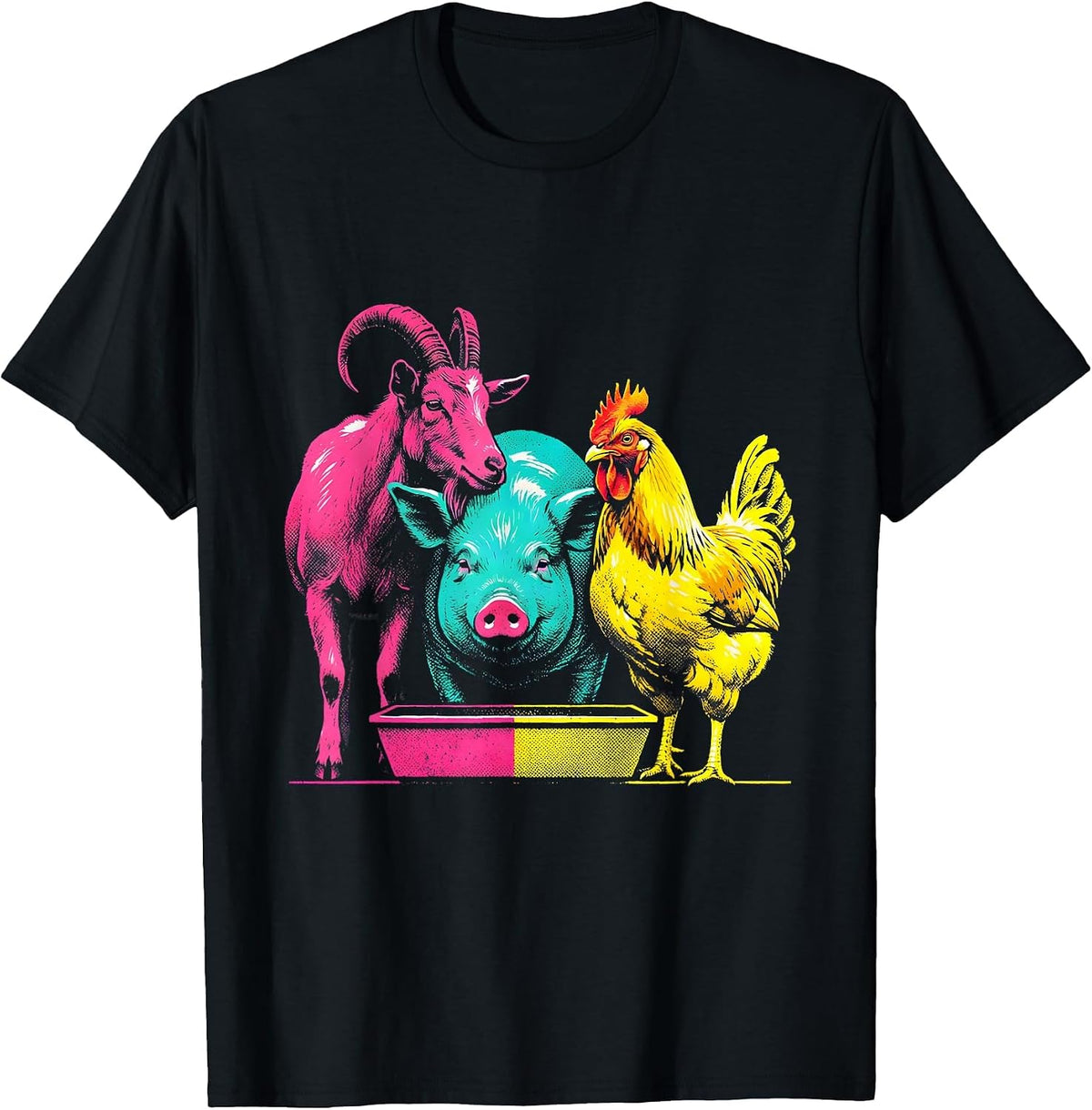Men's Interlocked Goat Pig Chicken Risograph Farm Animal Humor T-Shirt - Black