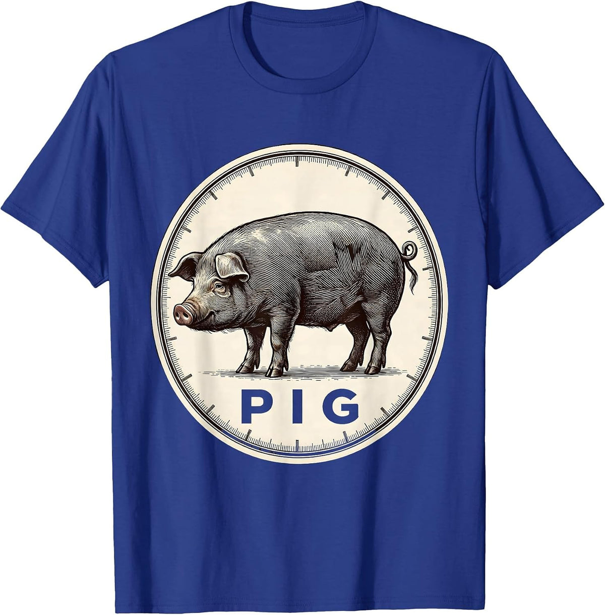 PIG Minimalist Line Art Animal Badge Patch T-Shirt - Royal Blue
