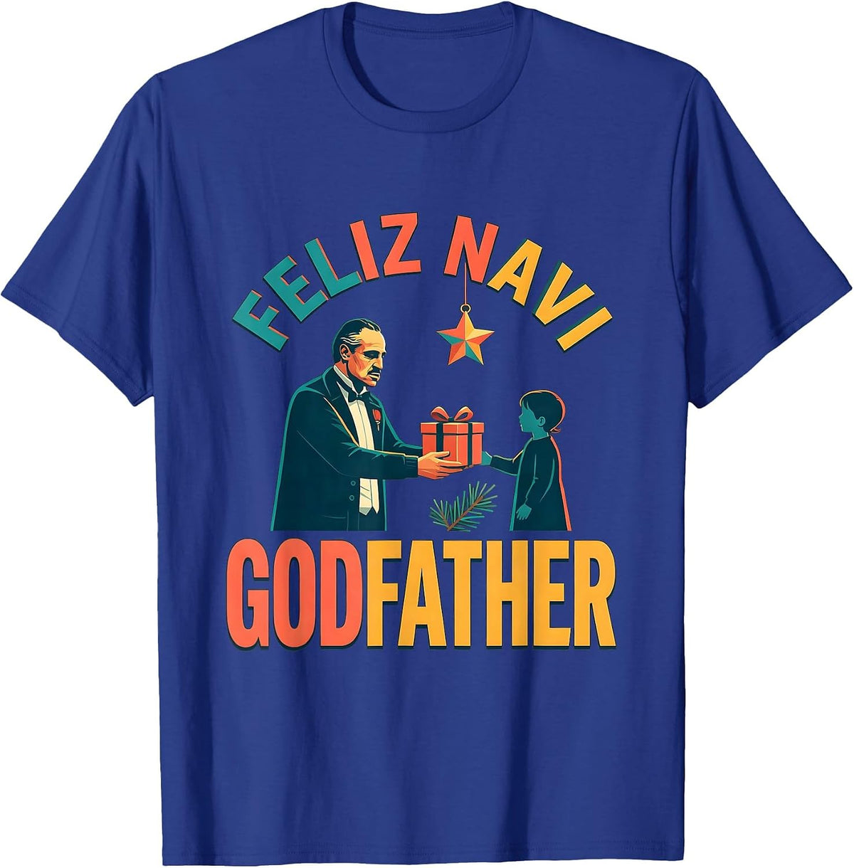 Men's Feliz Navi Godfather Funny Christmas Dad Pun Ugly Sweater T-Shirt - Royal Blue