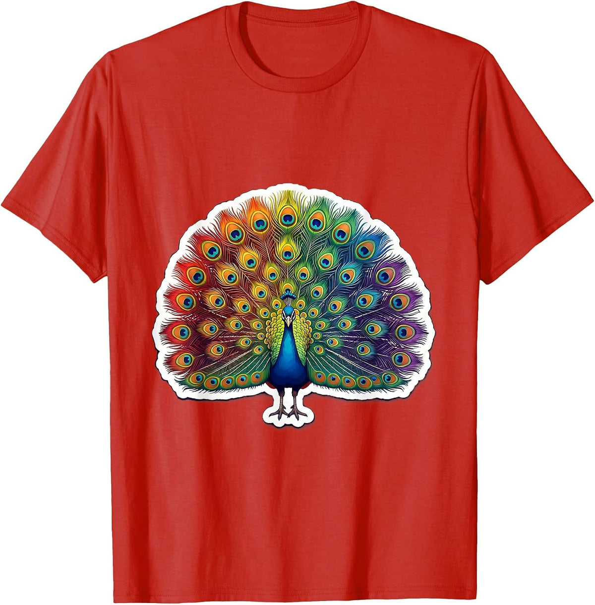 Men's Rainbow Peacock Pride Fan Tail Illustration T-Shirt - Red