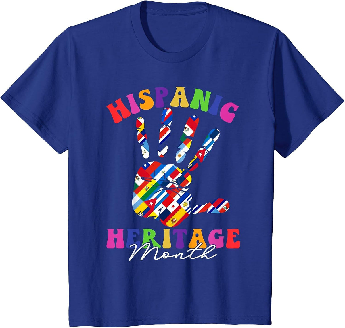 Retro Hispanic Heritage Month All Countries Heart Hands T-Shirt - Royal Blue