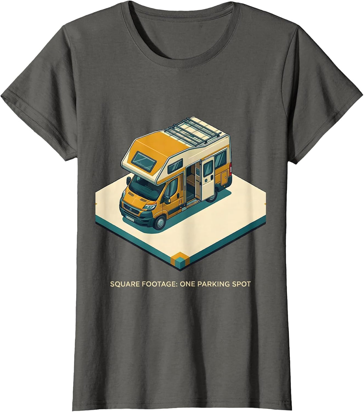 Women's Square Footage: One Parking Spot Retro Van Life Camper Van T-Shirt - Asphalt Grey