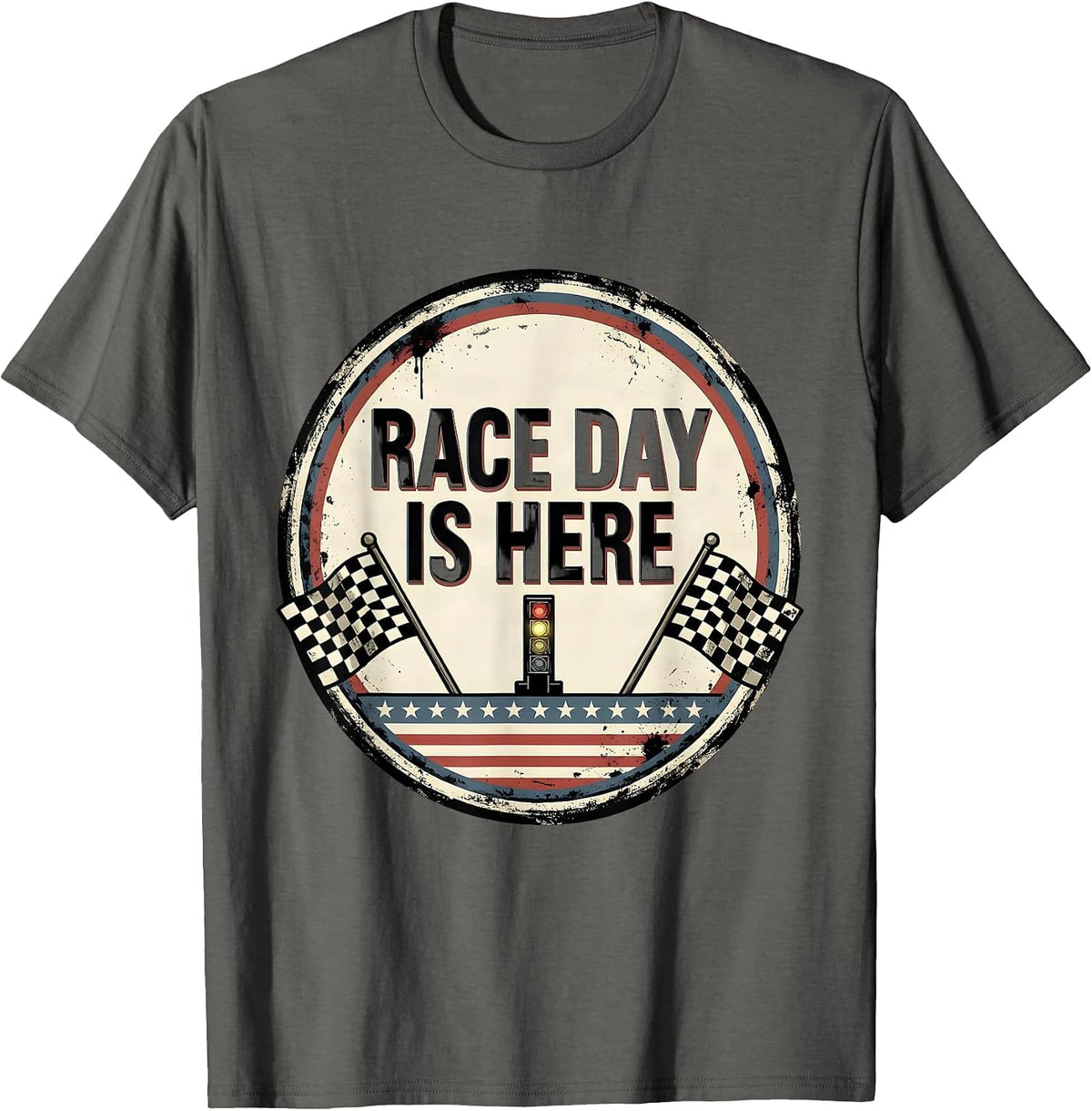 Men's Race Day Is Here Distressed Checkered Flag American Flag T-Shirt - Asphalt Grey