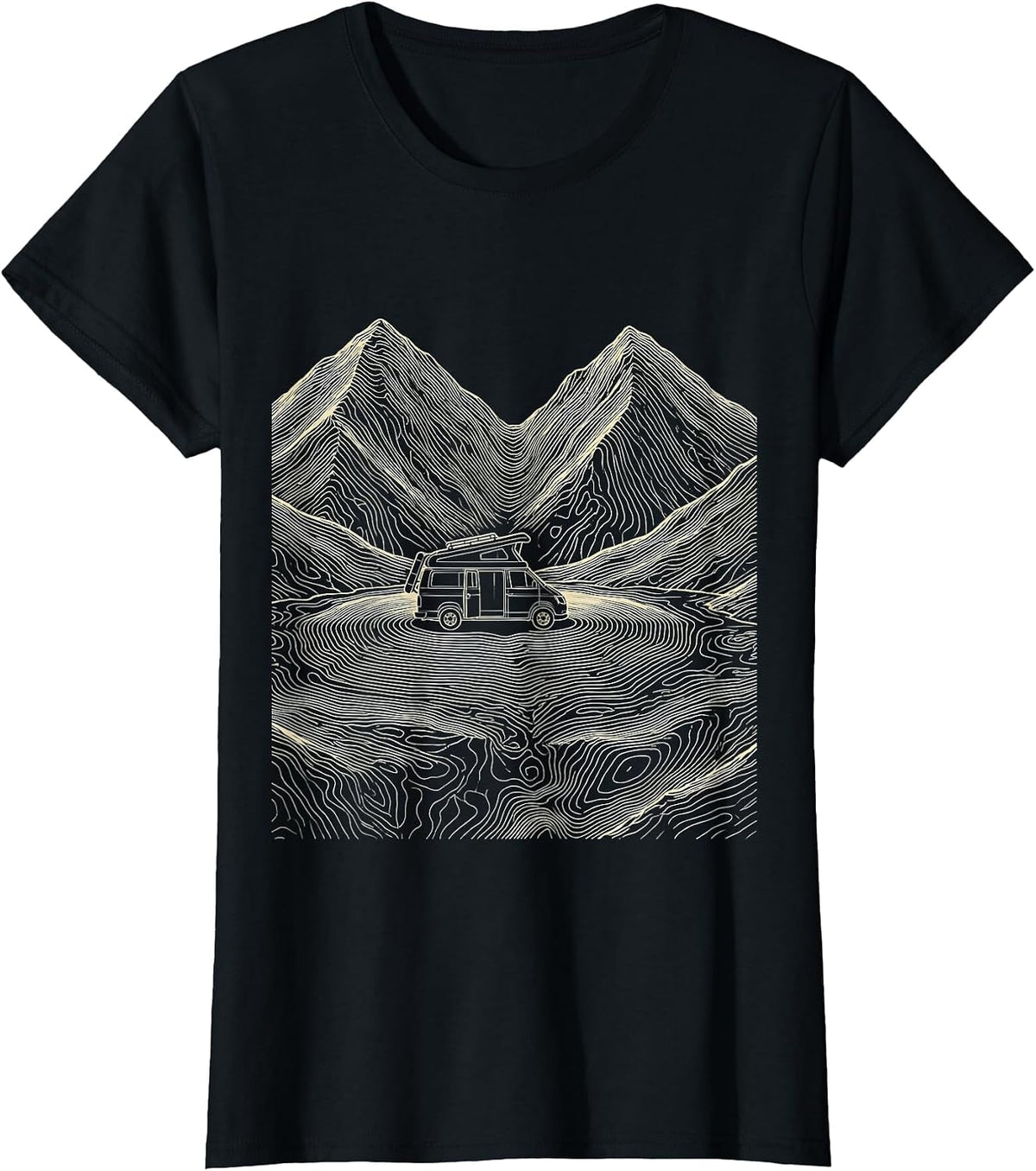 Women's Camper Van Mountain Saddle Topographic Contour Van Life T-Shirt - Black