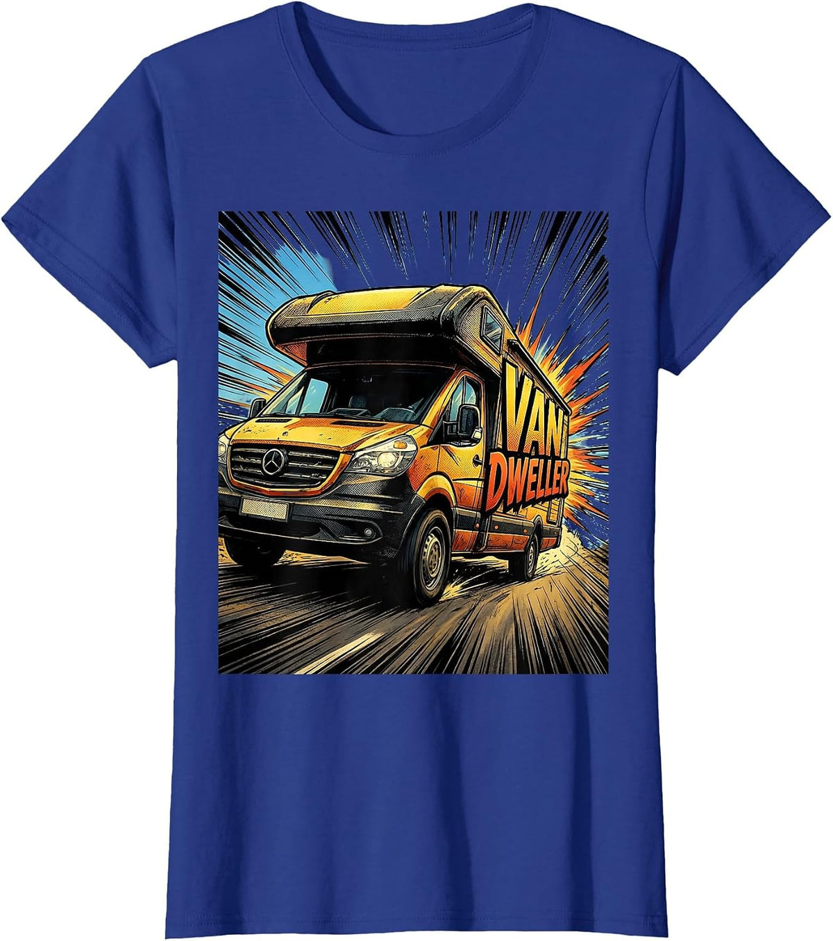 Women's Van Dweller Comic Book Van Life Road Trip Enthusiast T-Shirt - Royal Blue