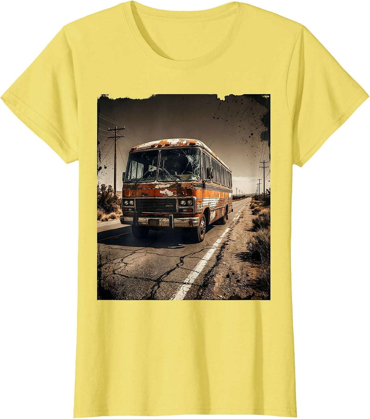 Women's Vintage Tour Van Open Highway Graphic Tee T-Shirt - Lemon Yellow