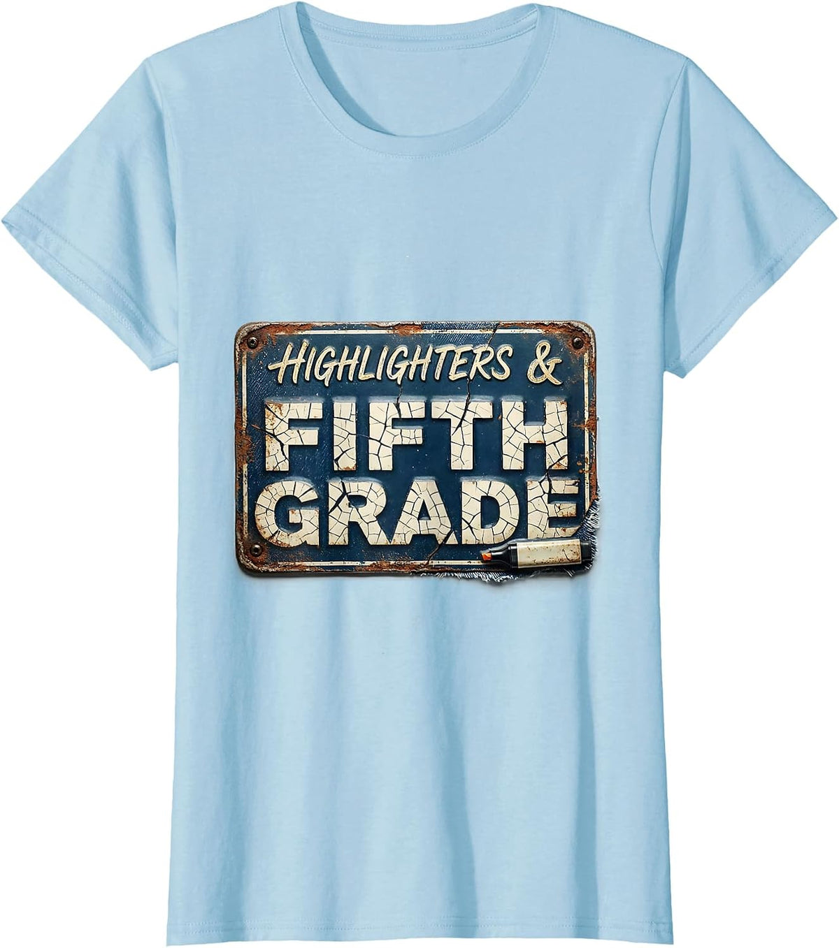 Highlighters & Fifth Grade Distressed Retro Teacher Girl T-Shirt - Baby Blue