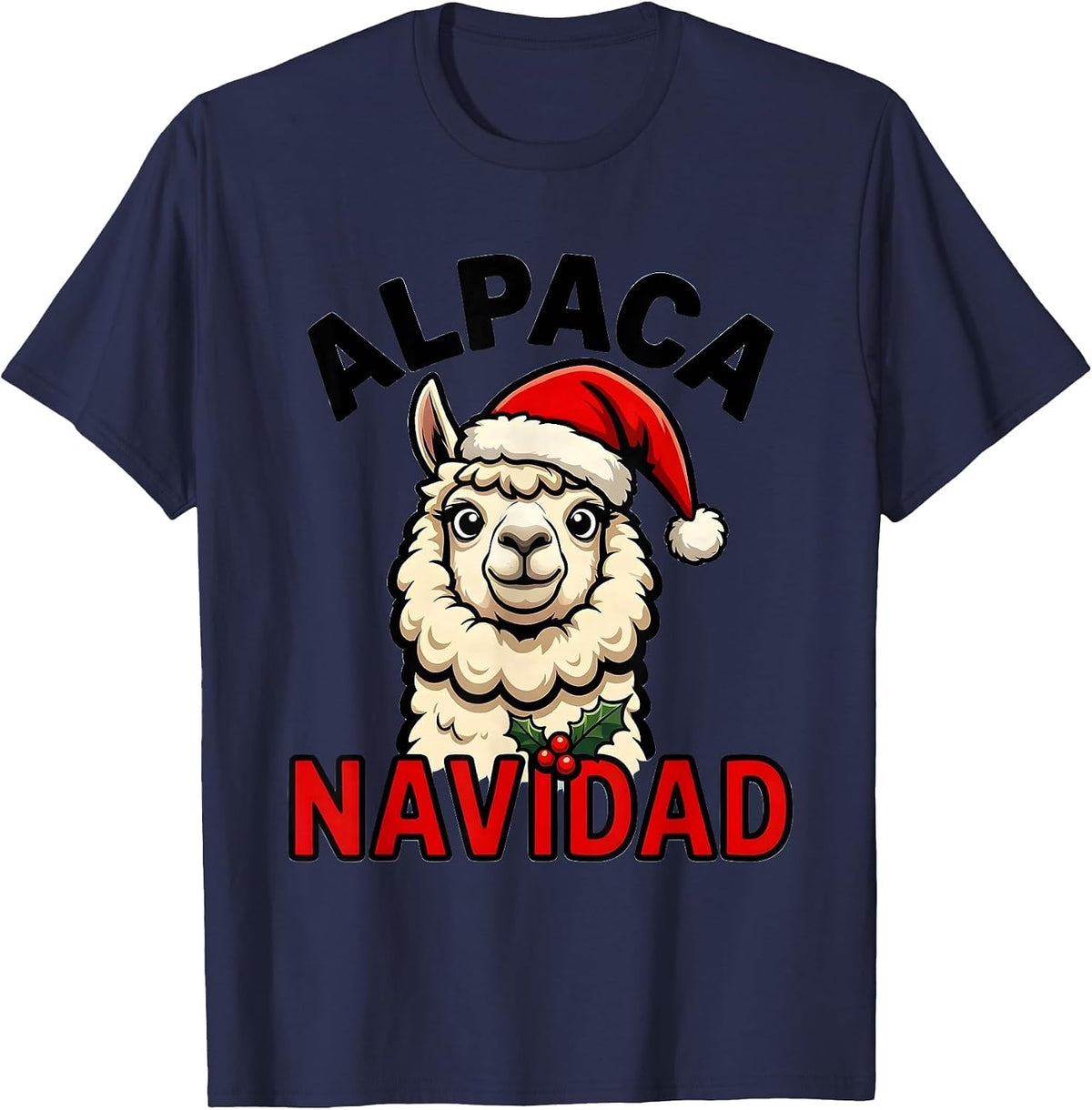 Men's Alpaca Navidad Funny Cartoon Christmas Pun Novelty Gift T-Shirt - Navy Blue