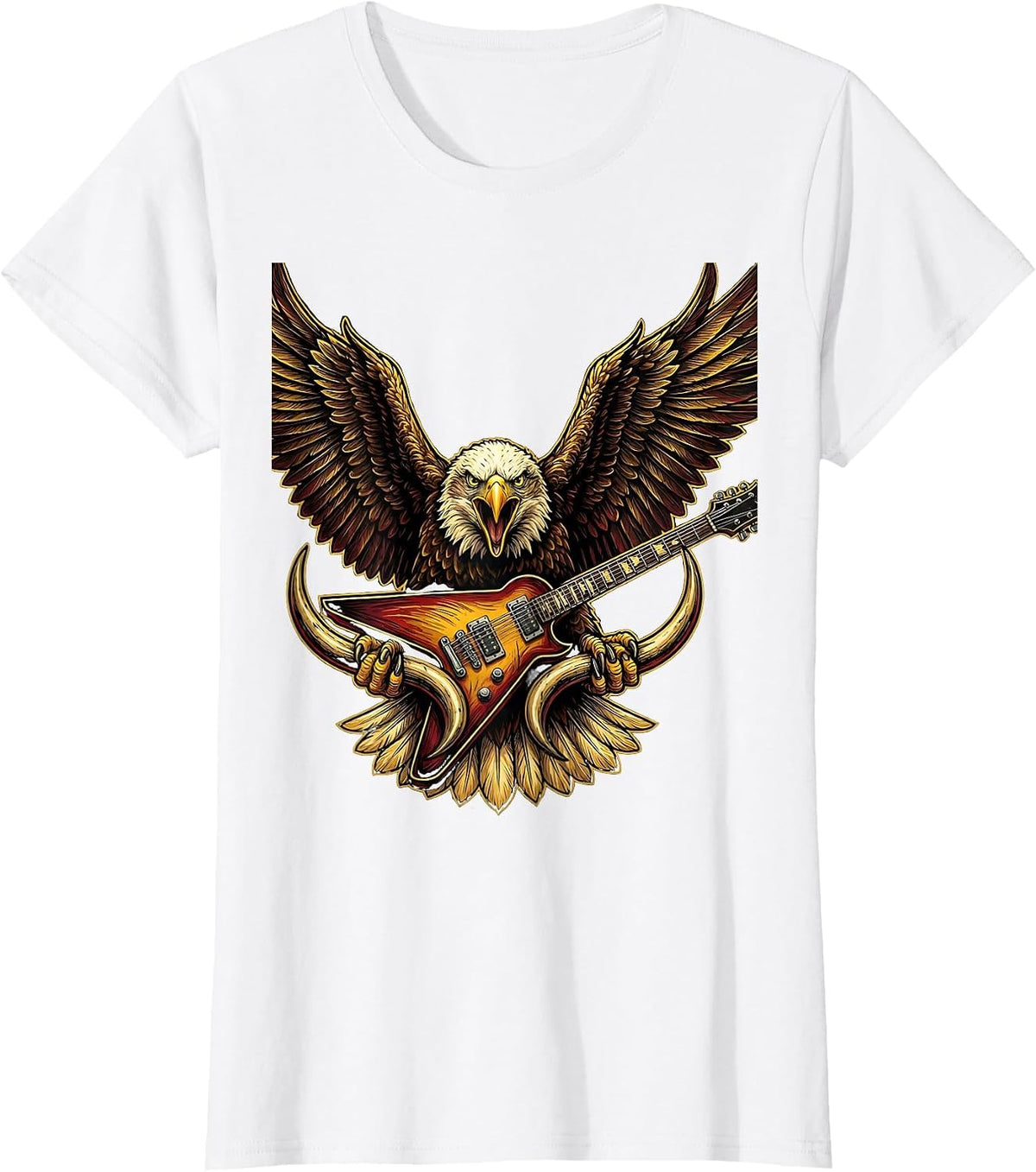 Eagle Clutching Flying V Guitar Rock Music Graphic T-Shirt - White