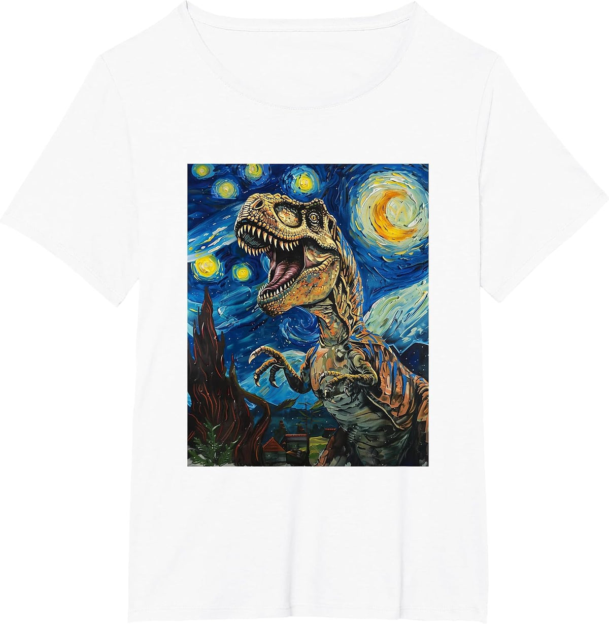 Trex Dinosaur Dino Van Gogh Style Starry Night Graphic T-Shirt - White