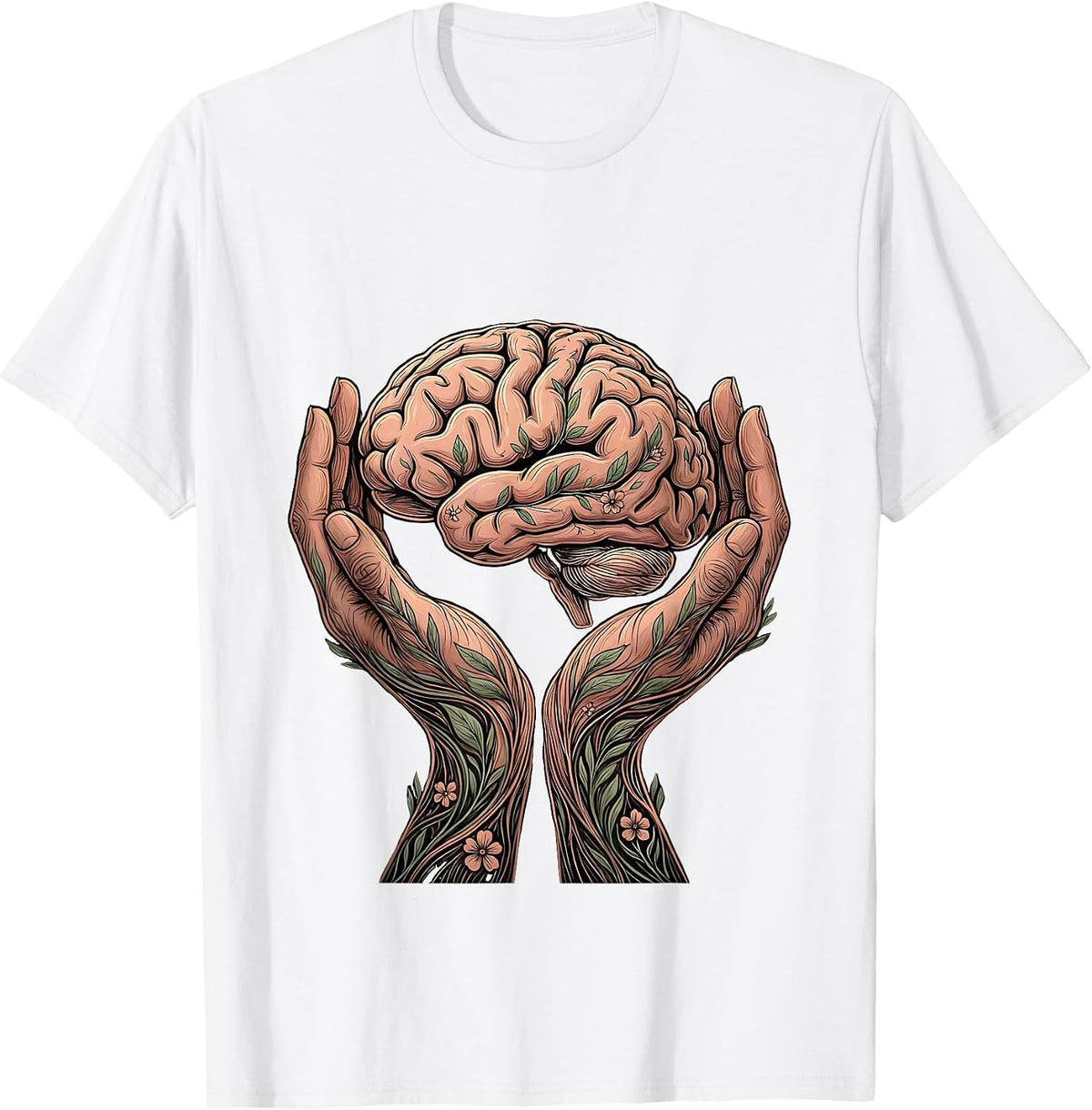 Men's Cupped Hands Glowing Brain Mental Health Graphic T-Shirt - White