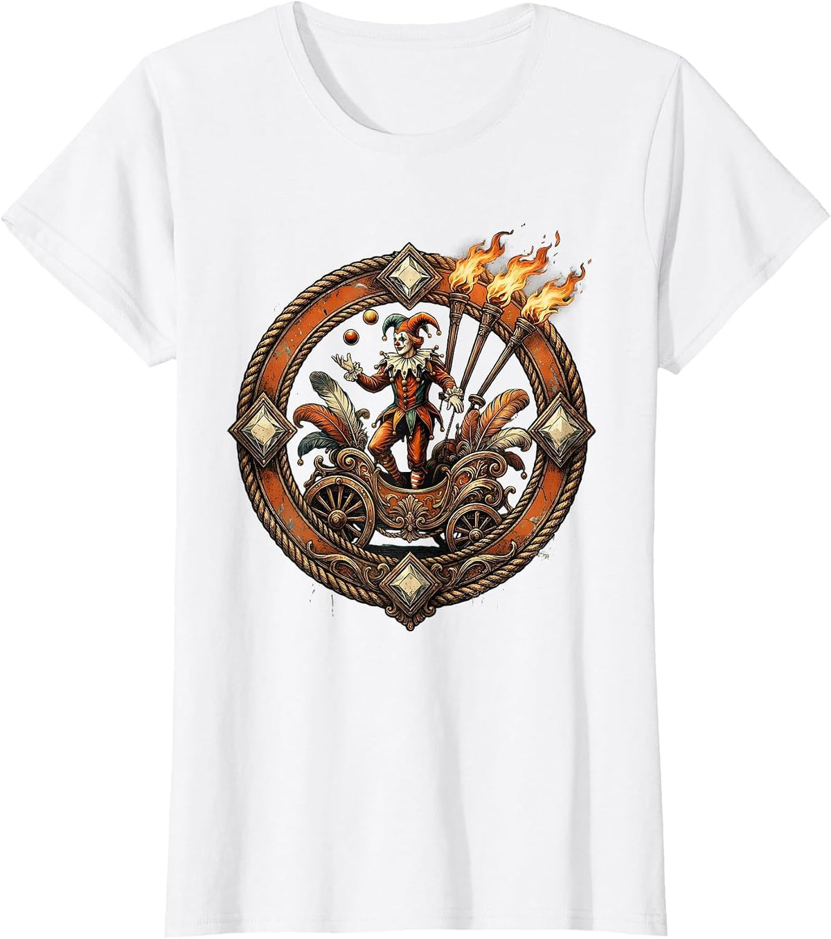 Women's Mardi Gras Jester Juggling Flaming Torches Float T-Shirt - White
