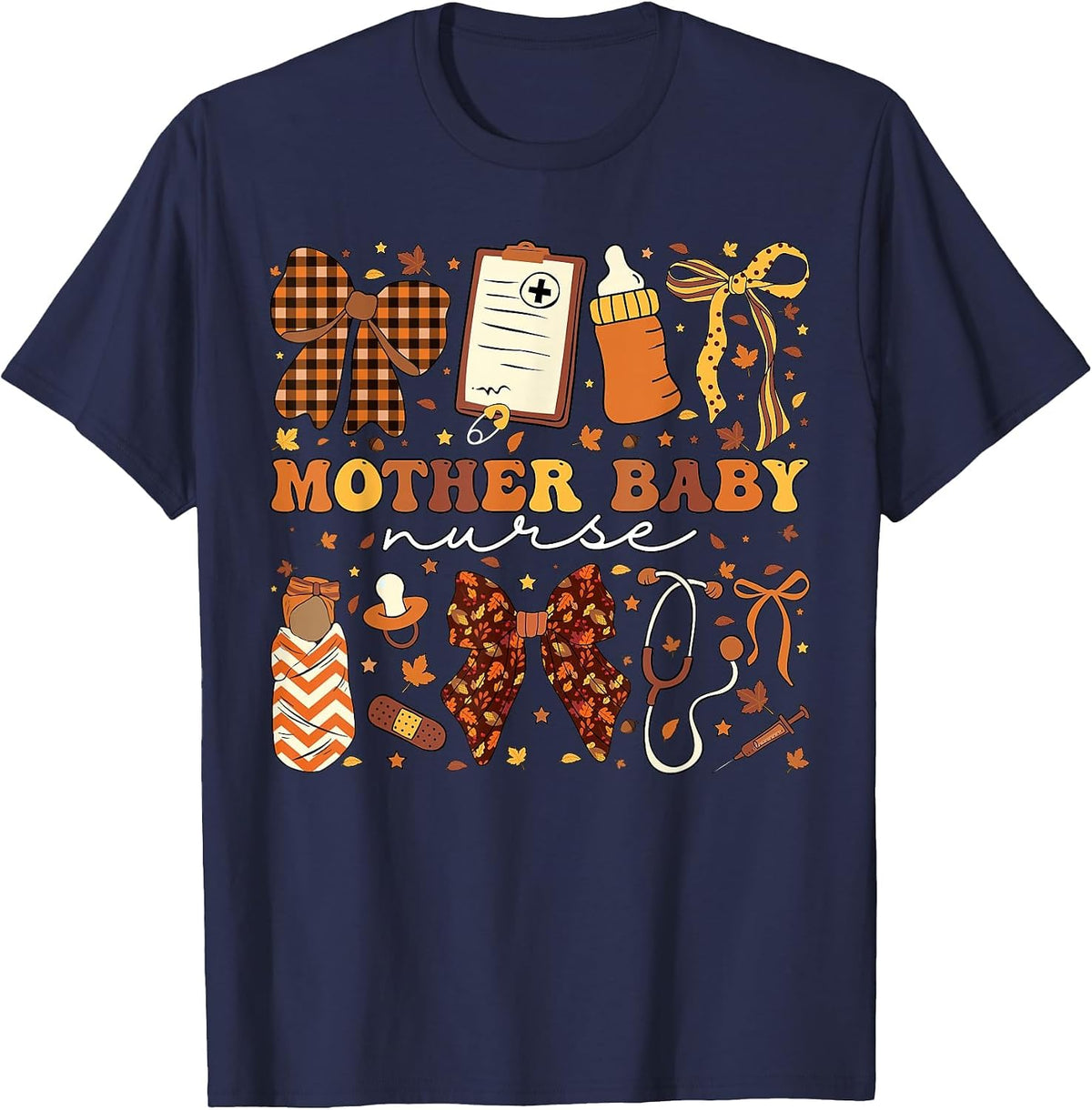 Postpartum Fall Coquette Mother Baby Nurse Thanksgiving T-Shirt - Navy Blue