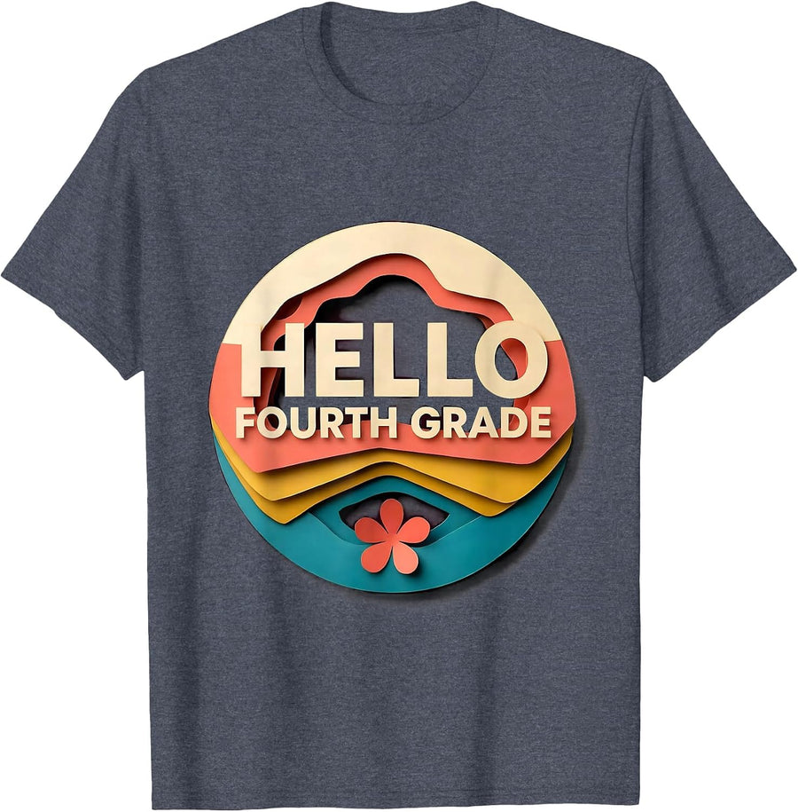 Hello Fourth Grade Paper Cutout Back To School Teacher Girl T-Shirt - Heather Blue