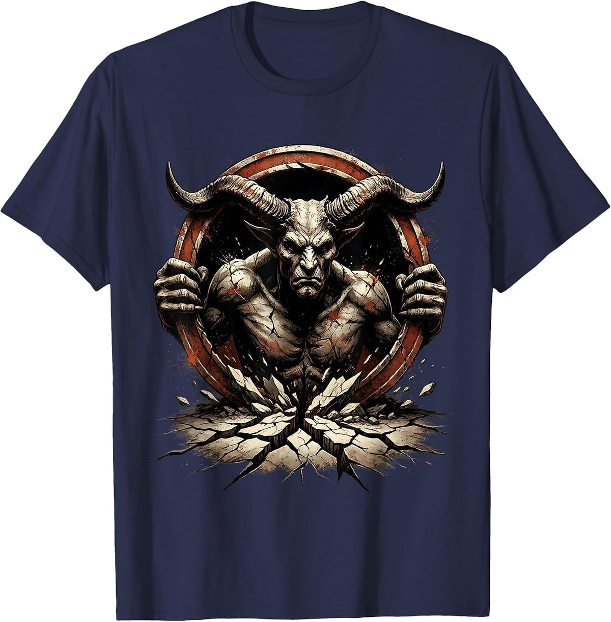 Horned Demon Rising From Cracked Earth Design T-Shirt - Navy Blue