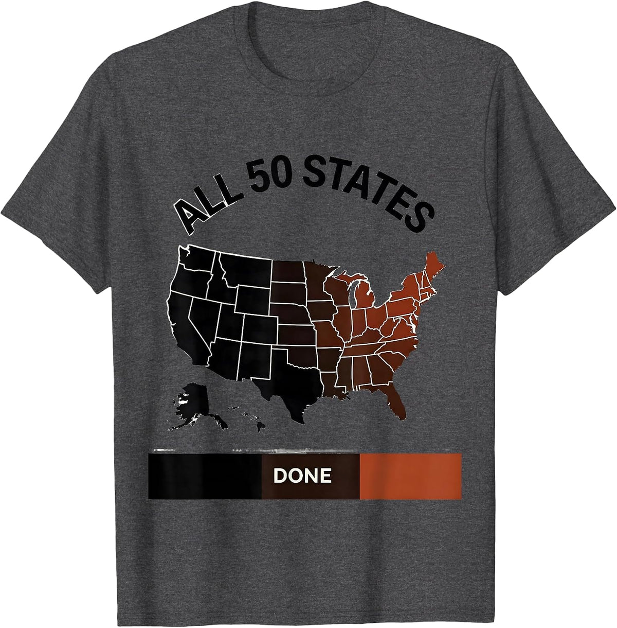 All 50 States, Done USA Travel Map Road Trip Souvenir T-Shirt - Dark Heather Grey