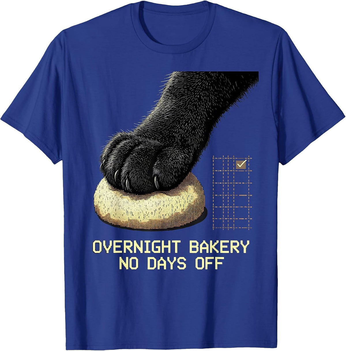 Overnight Bakery No Days Off Funny Black Cat Baking Humor T-Shirt - Royal Blue