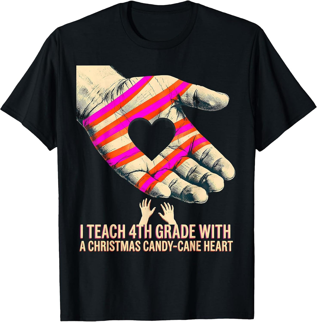 Men's I Teach 4th Grade With A Christmas Candy-Cane Heart Teacher T-Shirt - Black