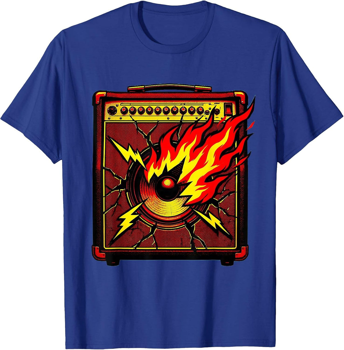 Cracked Amp Flames Rock Music Graphic Tee T-Shirt - Royal Blue