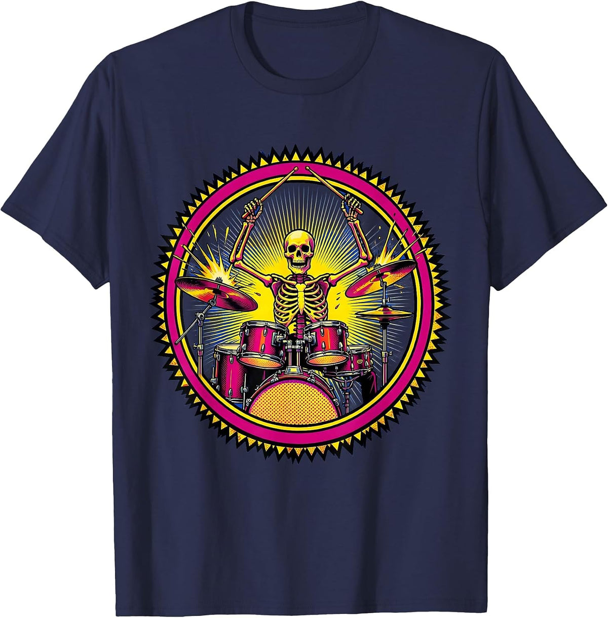 Skeleton Drummer Solo Vintage Rock Band Graphic T-Shirt - Navy Blue