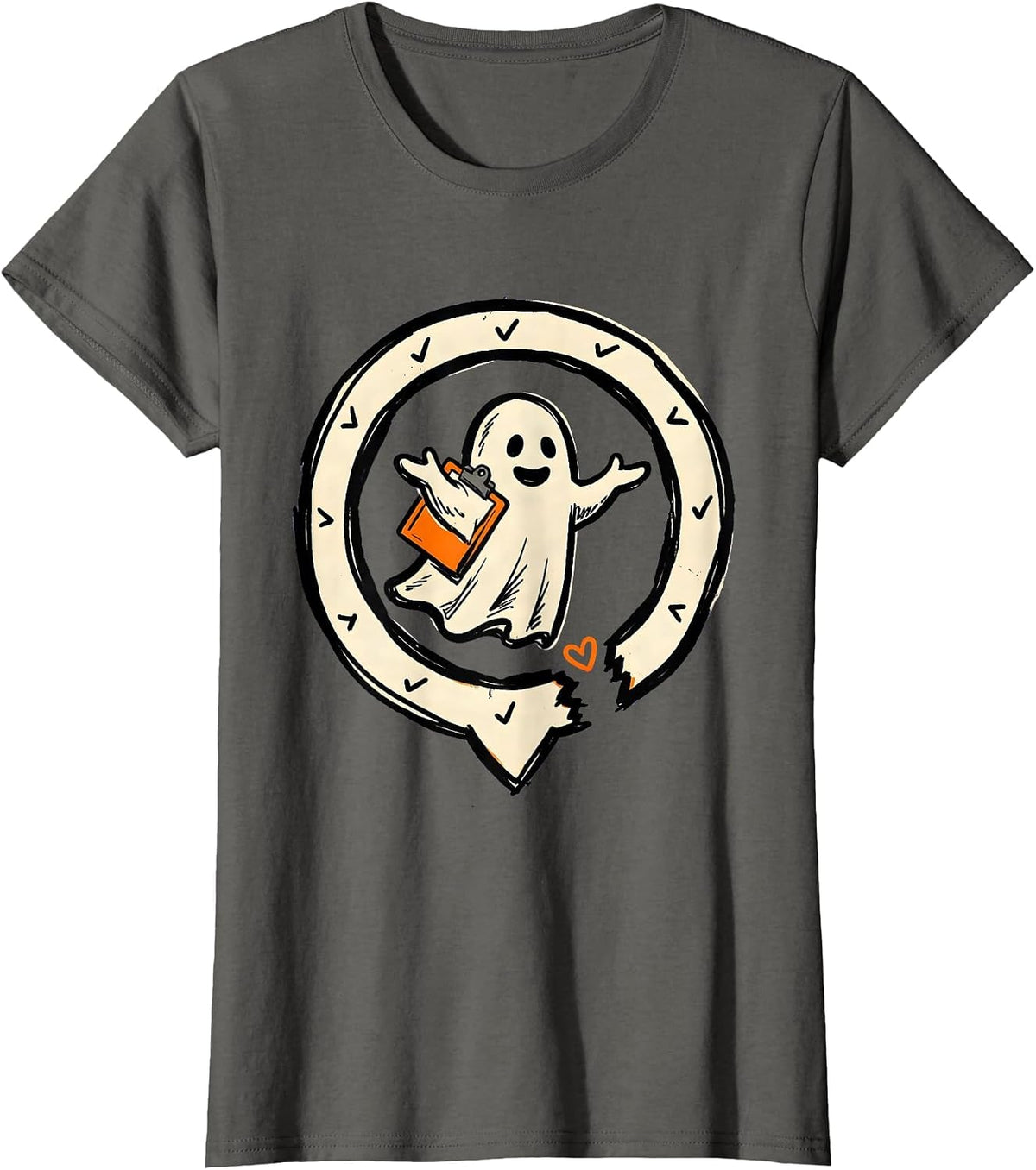Women's Sealed Ghost Badge Mental Health Halloween Wellness Humor T-Shirt - Asphalt Grey