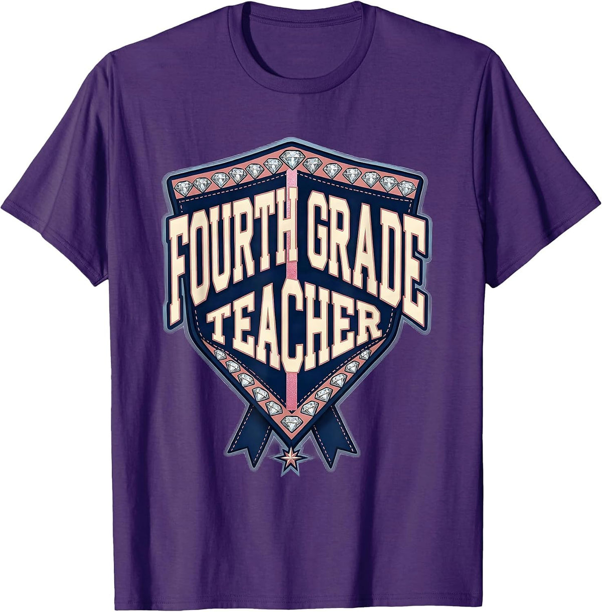 Fourth Grade Teacher Sparkle Varsity Pennant Flag Back T-Shirt - Purple