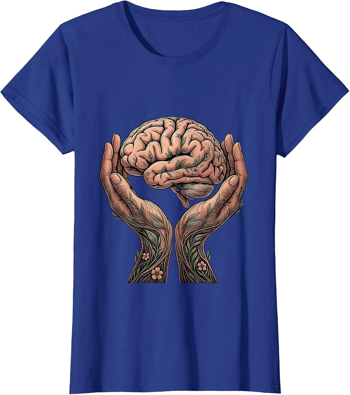 Women's Cupped Hands Glowing Brain Mental Health Graphic T-Shirt - Royal Blue