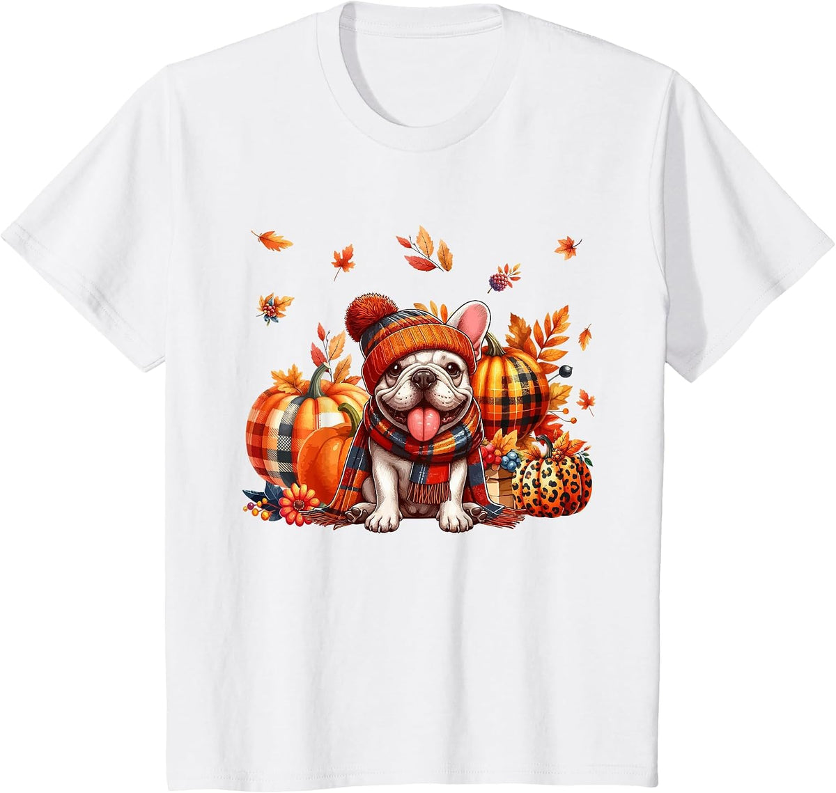 French Bulldog Thanksgiving Leopard Pumpkins Fall Leaves T-Shirt - White