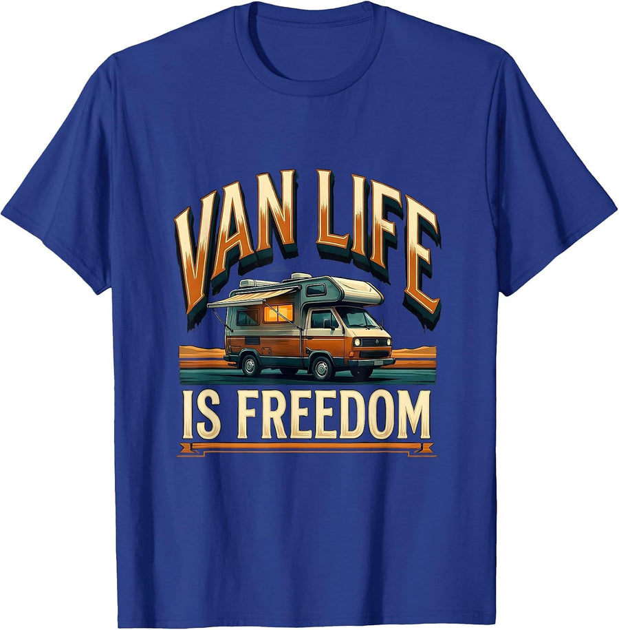 Van Life Is Freedom Retro Vintage Van Dwellers Nomad Pride T-Shirt - Royal Blue