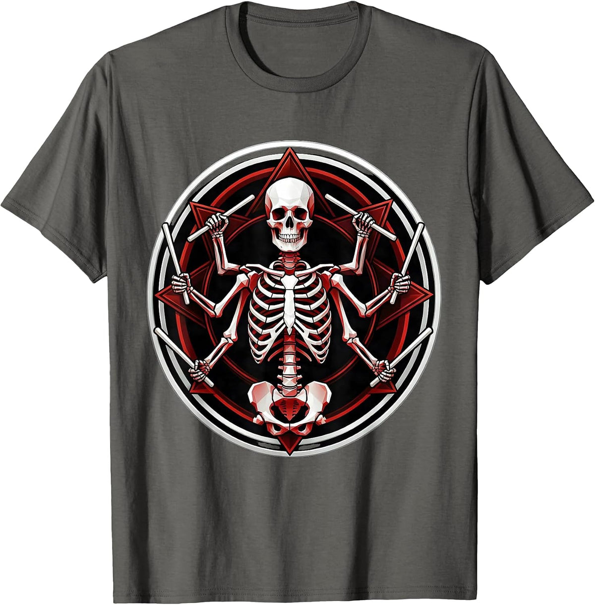 Men's Multi-Armed Skeleton Drummer Metal Band Graphic T-Shirt - Asphalt Grey