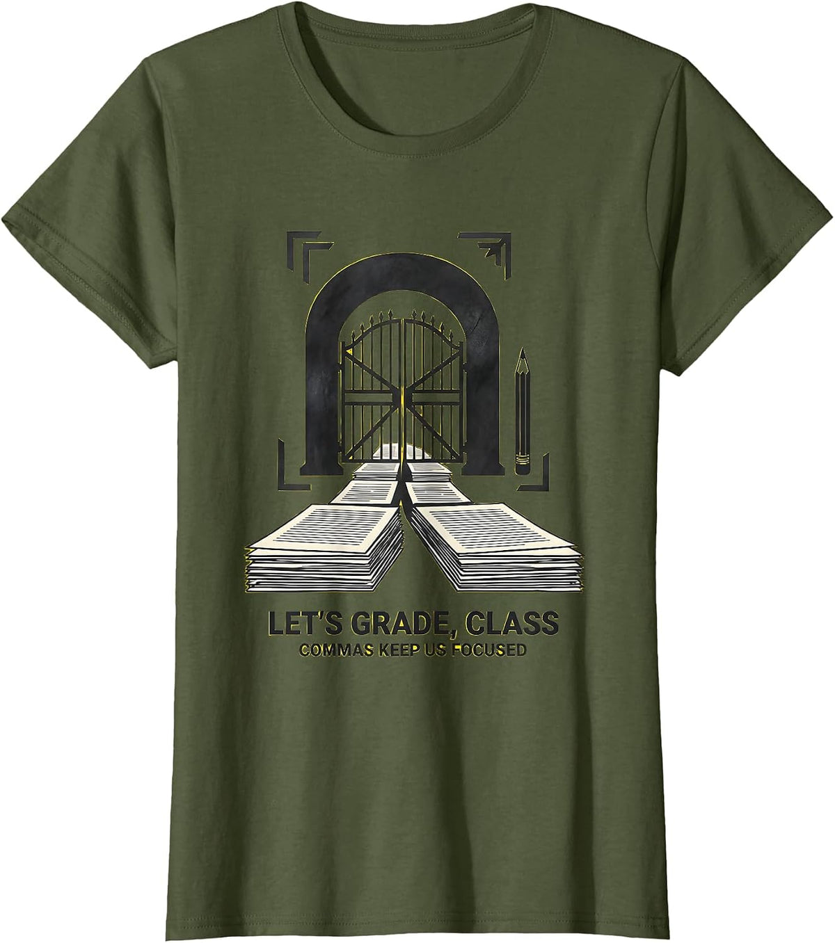 Women's Let’s Grade Class Commas Keep Us Focused Funny Grammar T-Shirt - Olive Green