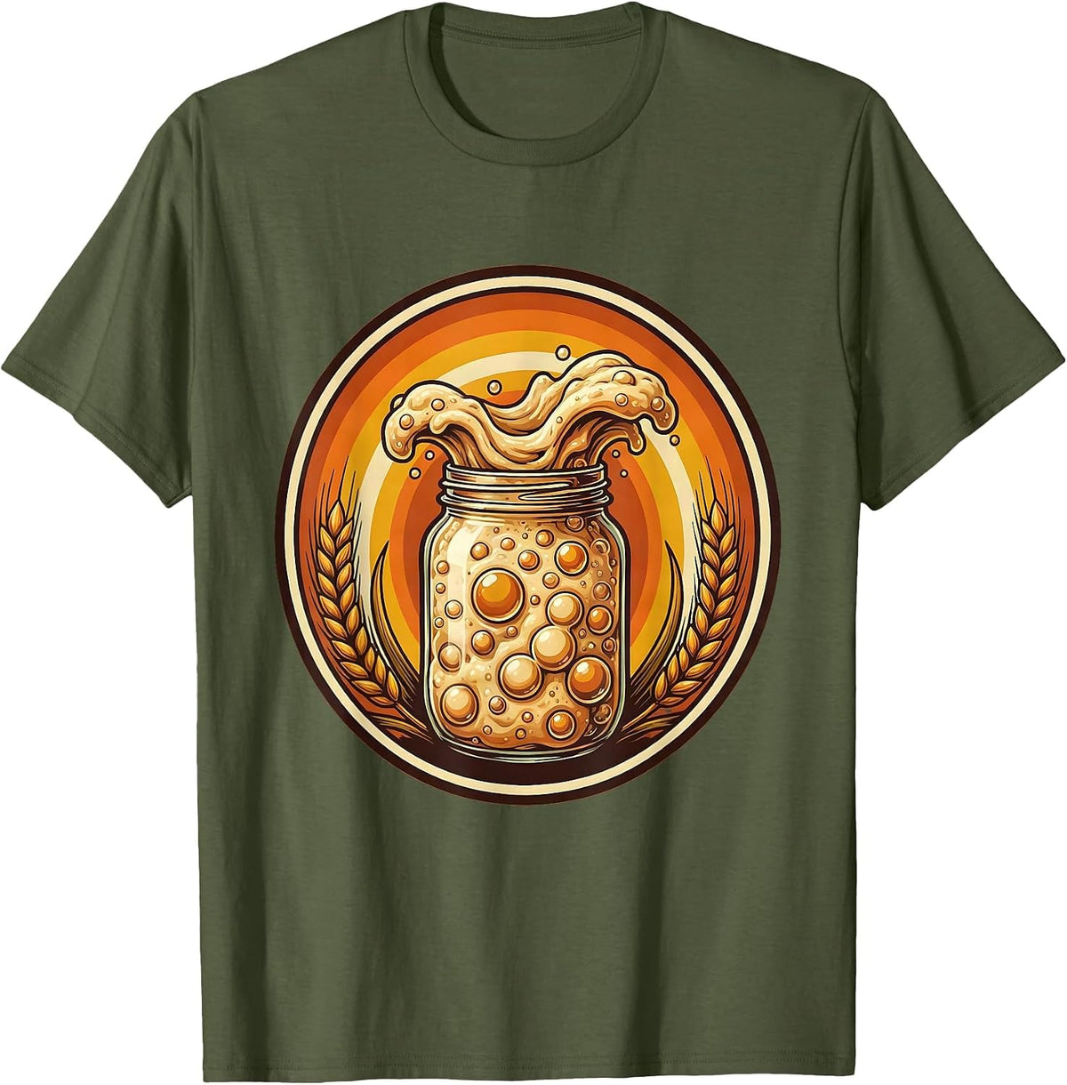 Sourdough Starter Overflowing Jar Illustration T-Shirt - Olive Green