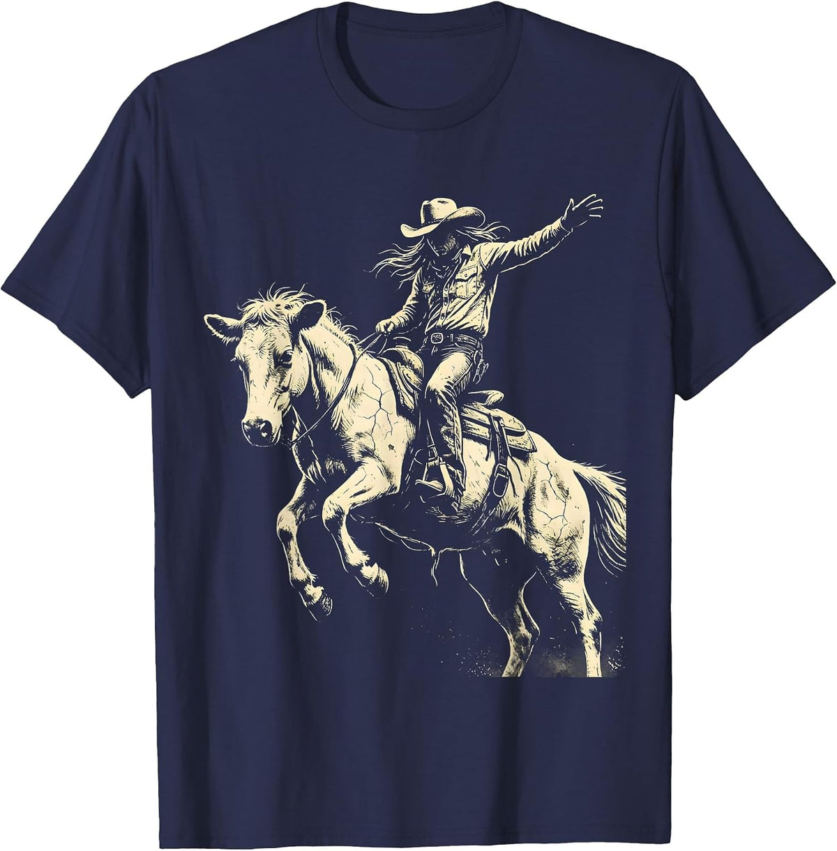 Cowgirl Bucking Bronco Rodeo Riding Graphic T-Shirt - Navy Blue