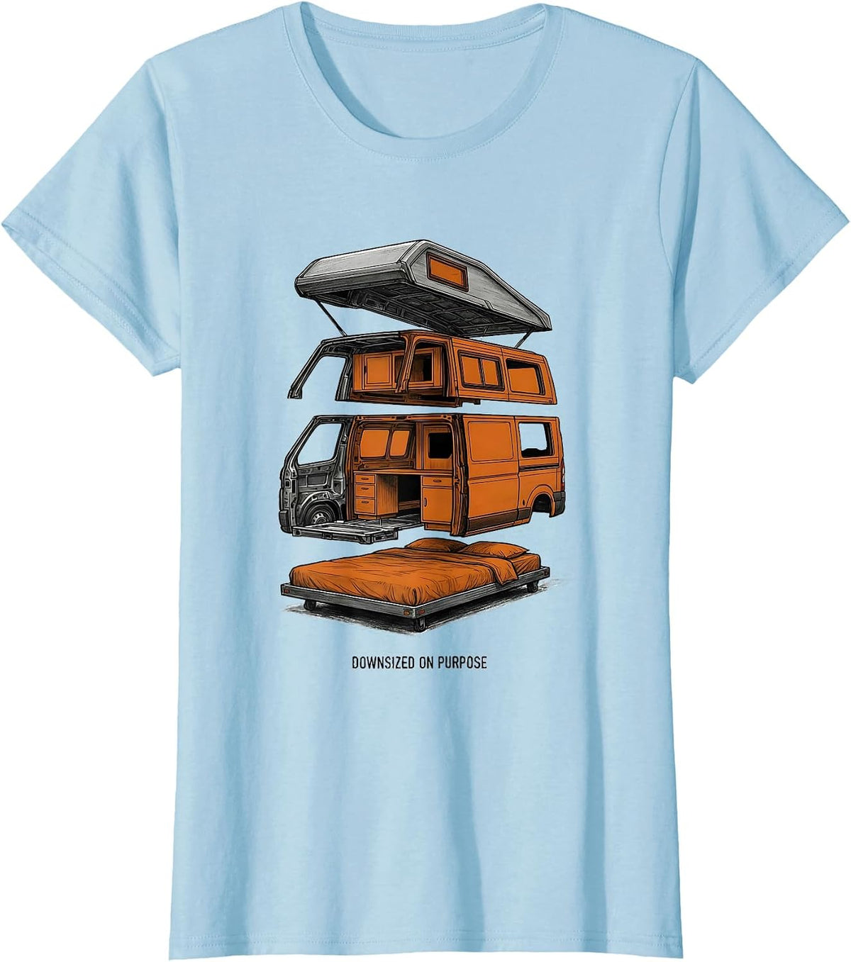Women's Downsized On Purpose Retro Van Life Nomads Camper Van T-Shirt - Baby Blue